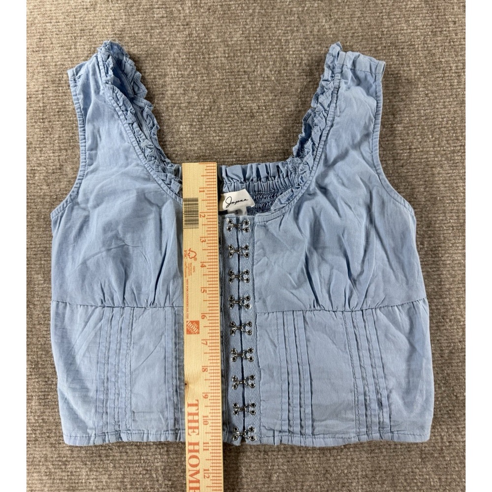 Japna Blue Cotten Cropped Tank Top Ruffle Trim Hook Eye Front Womens Small - Picture 5 of 5